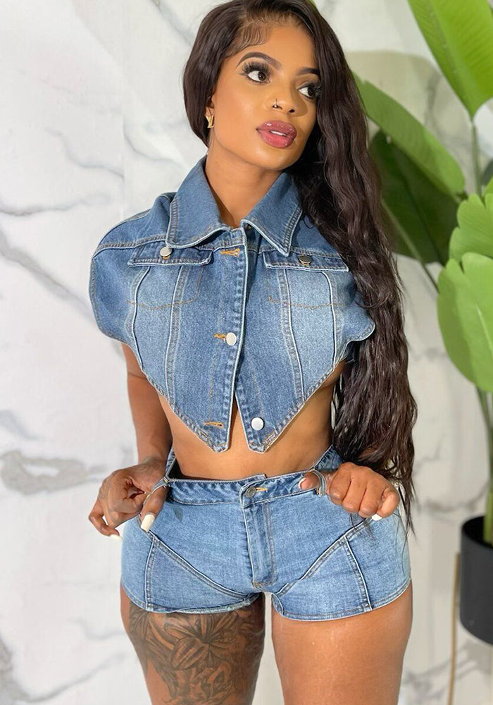 Women stretchy denim sleeveless irregular crop top and shorts 2-piece set