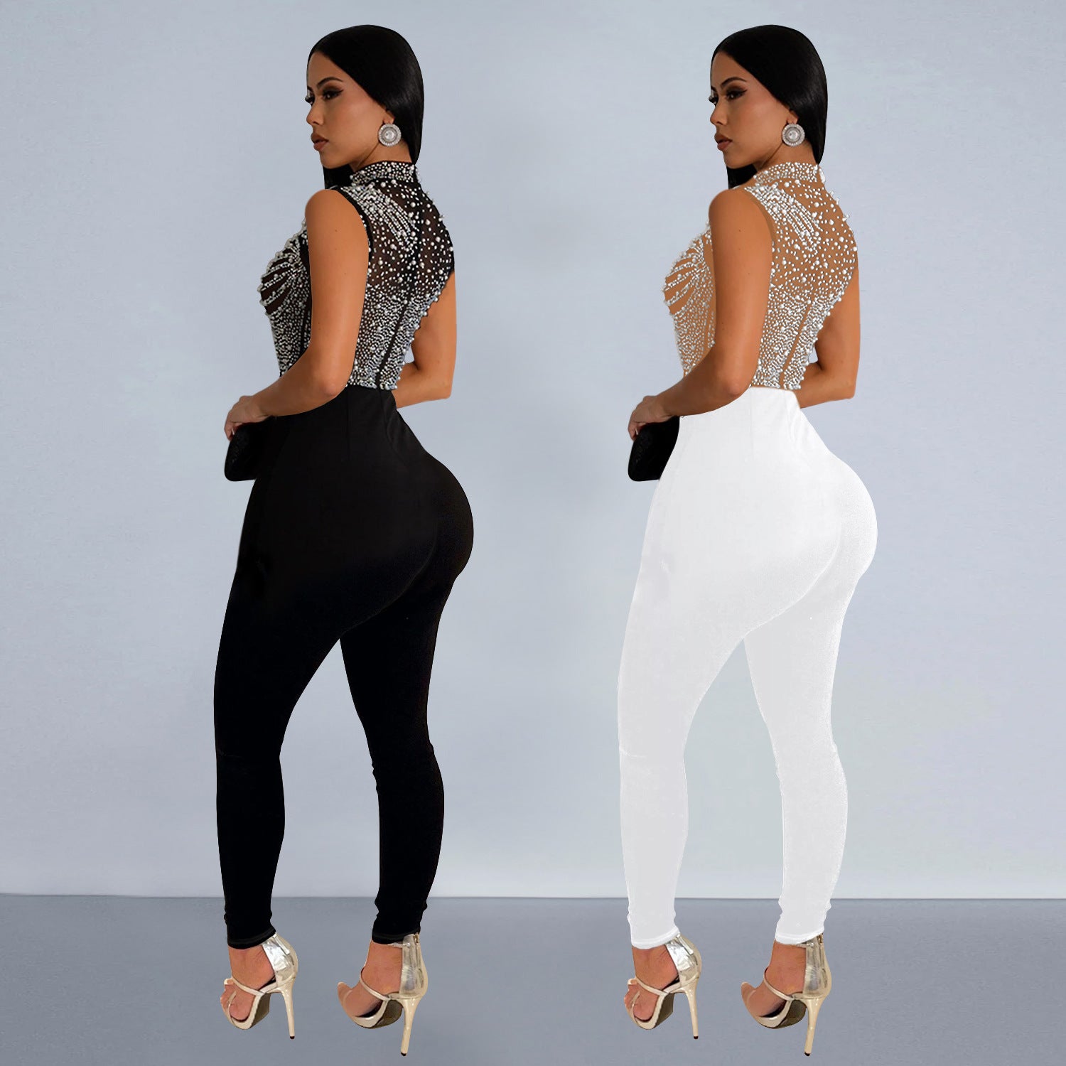 Fashionable Women's Solid Color Mesh Beaded Sleeveless Sexy Jumpsuit 4