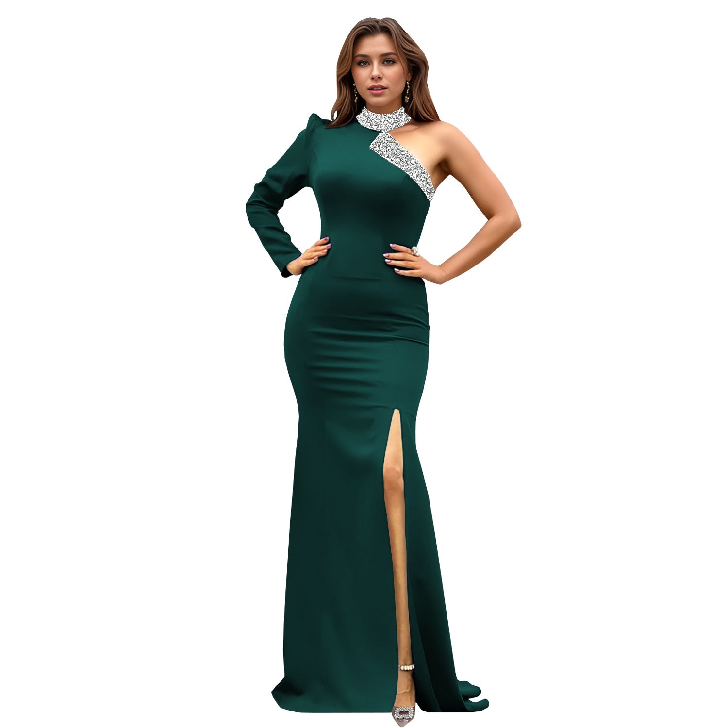 Women Sexy Off Shoulder Beaded Slit Dress 15