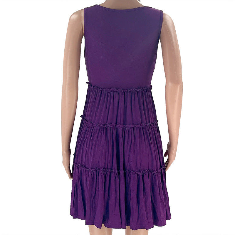 Summer Solid Round Neck Sleeveless Casual Women's Fashion Pleated Casual Dress 43