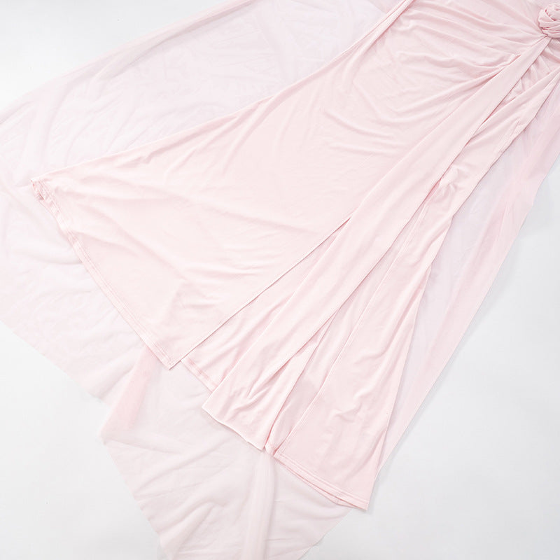 Women Strapless Flower Ribbon Slit Dress Tailed Maxi Dress 16