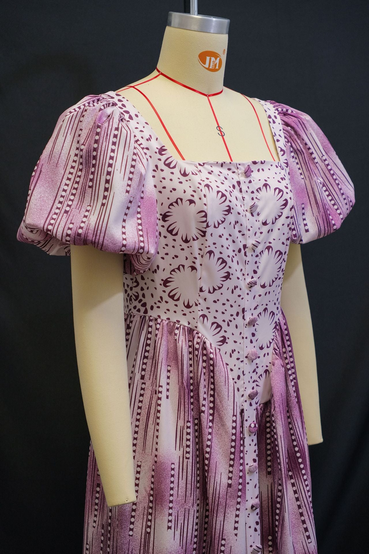 Women's Summer Fashion Square Neck Printed Bubble Sleeve High Waist Dress 7