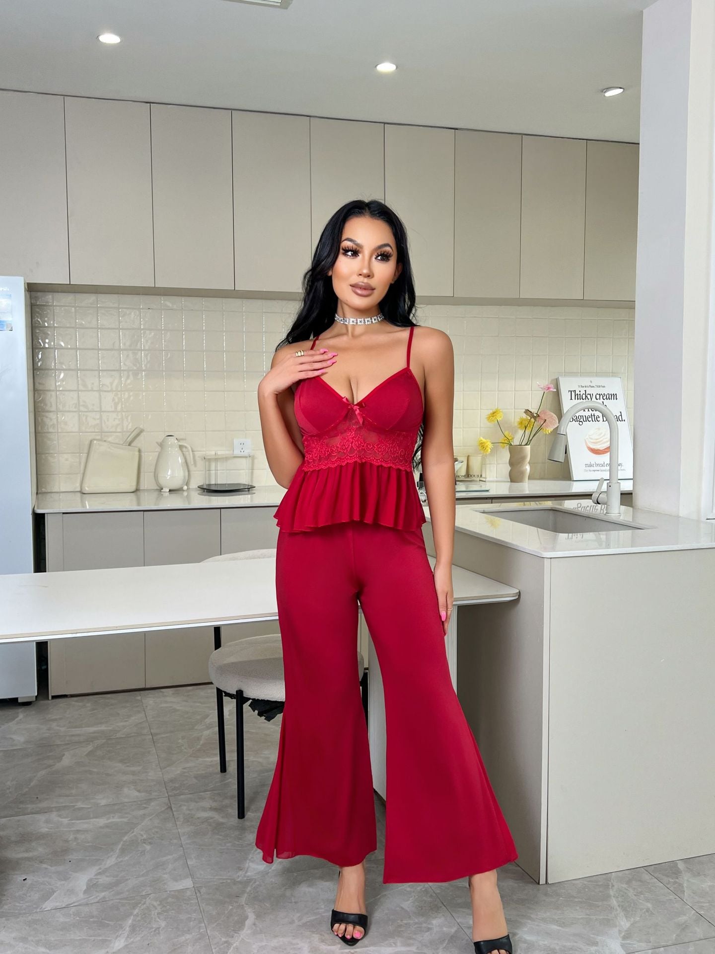 Strap Pajama Pants Set V-Neck Lace Sexy Loungewear Set