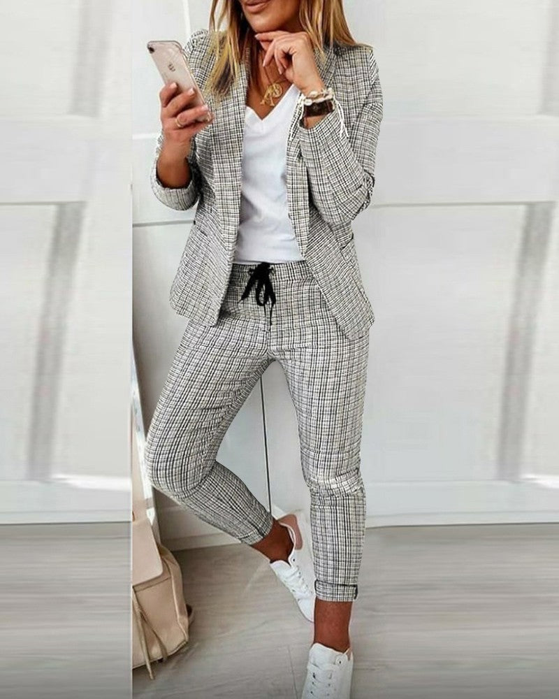 Casual Fashion Suit Women's Plaid Blazer and Pants Suit