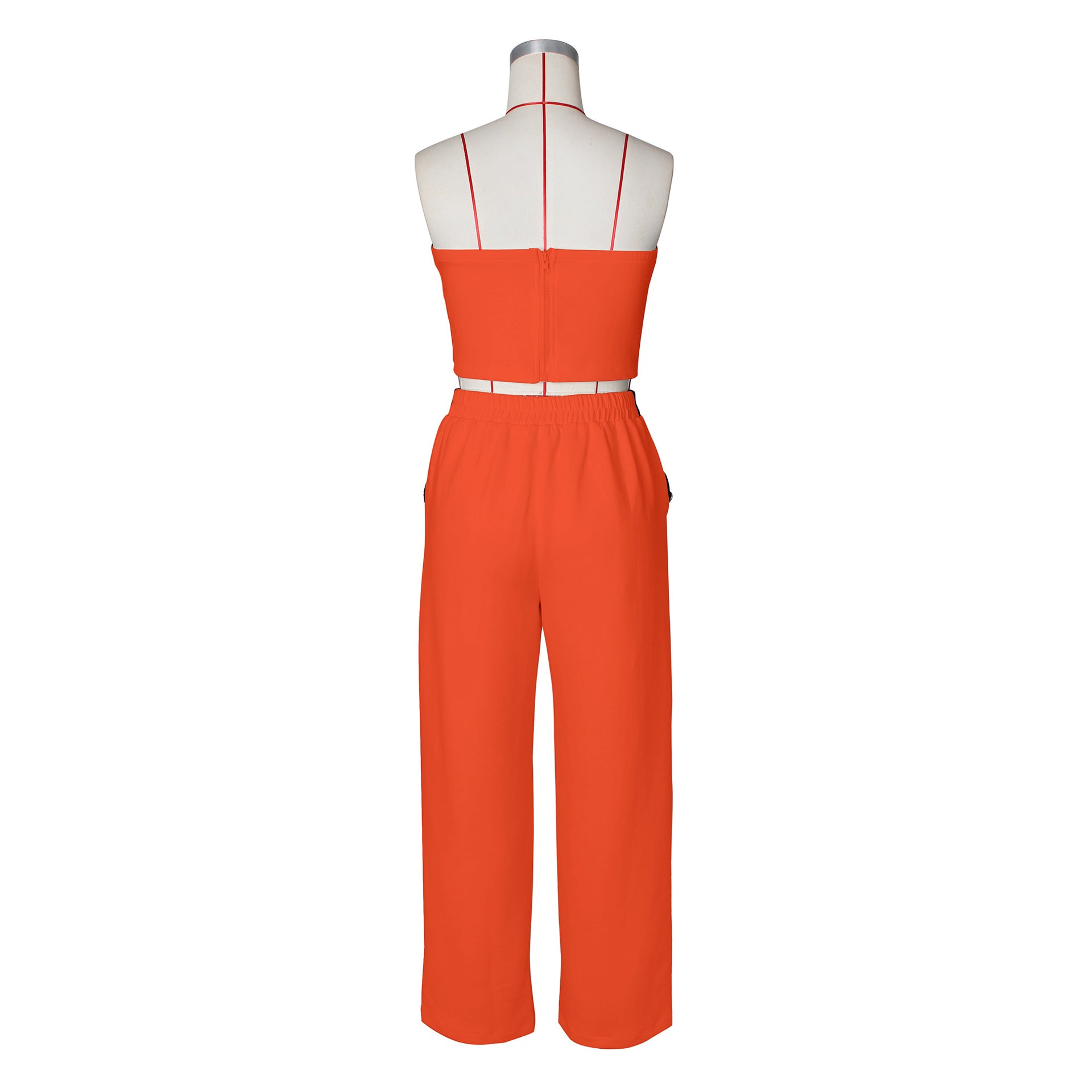 Sexy Color Blocked Decorative Button Straight High Waist Wide Leg Women's Pants Set 22