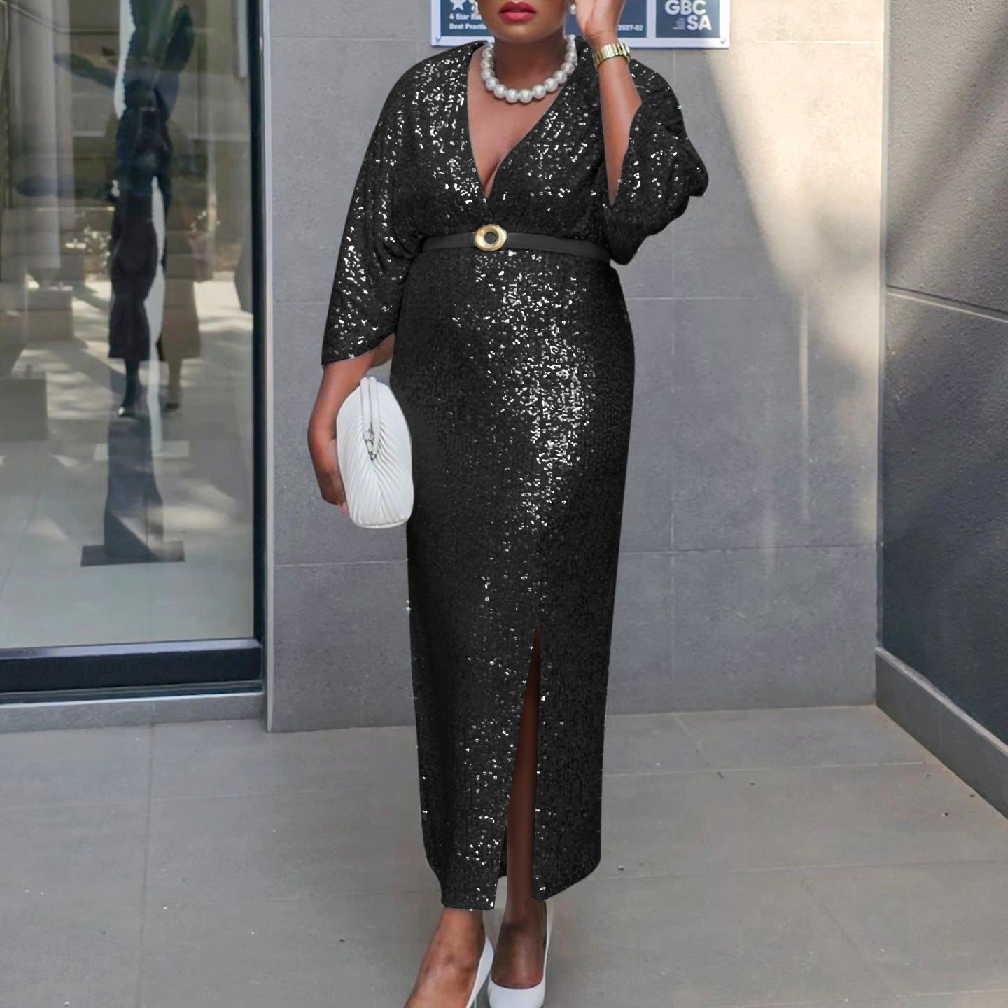 Fashion African Women's Chic V Neck Sexy Slim Sequin Plus Size Evening Dress 5