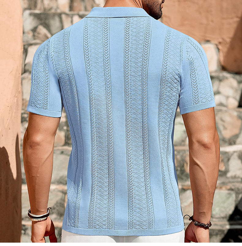 Men's Summer Short Sleeve Striped Hollow Casual Polo Top 5
