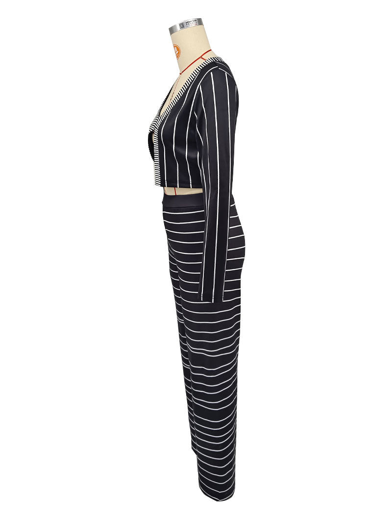 Casual Stripes Long Sleeve Top Trousers Autumn Two Piece Set 7