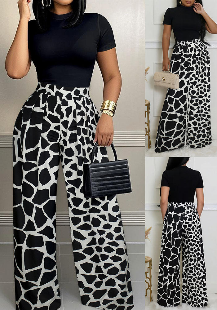 Women's Elegant Round-Neck Short-Sleeve High-Waist A-Line Trousers Casual Two Piece Set