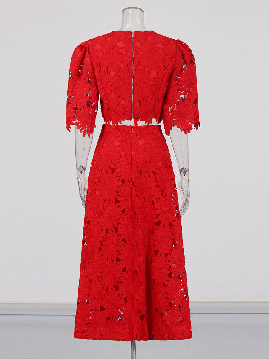 Women's Summer Elegant Embroidered Hollow Round Neck Top Fashion High Waist Skirt Two-Piece Set 5