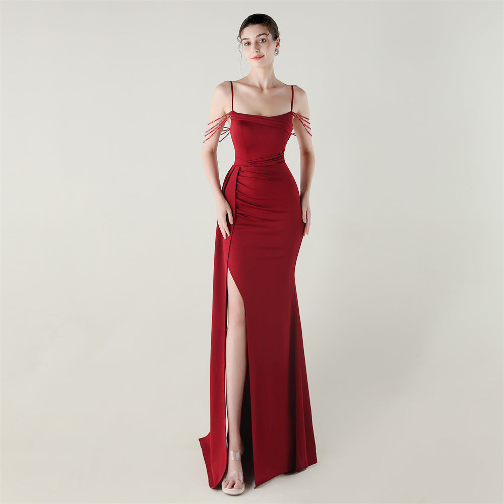Women Strapless satin beaded chain fishtail evening dress 6