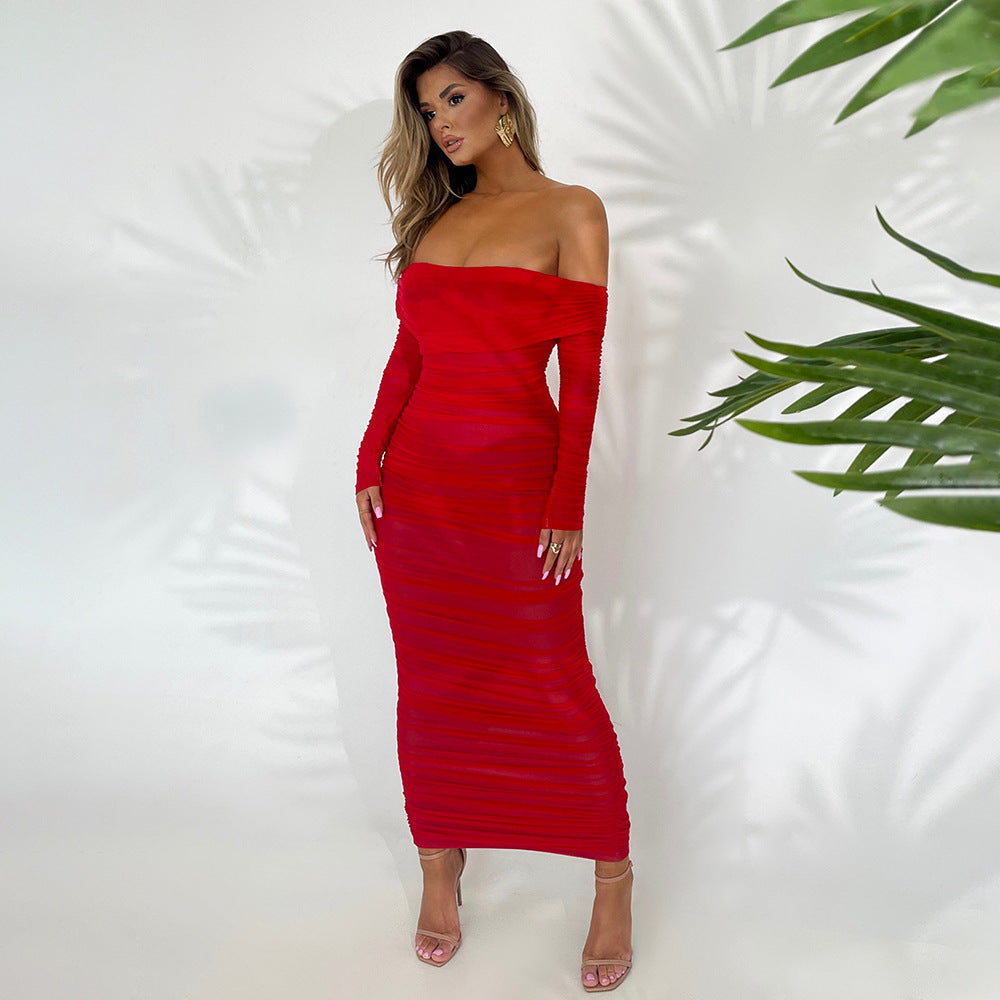 Women Autumn Bodycon Sexy Mesh Off Shoulder Gathered Dress 4