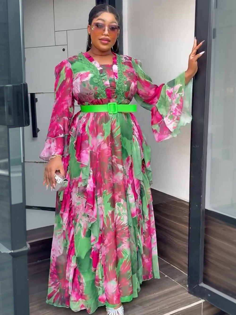 African Ruffled Printed Long DressFashionable Plus Size Wear for Women 5