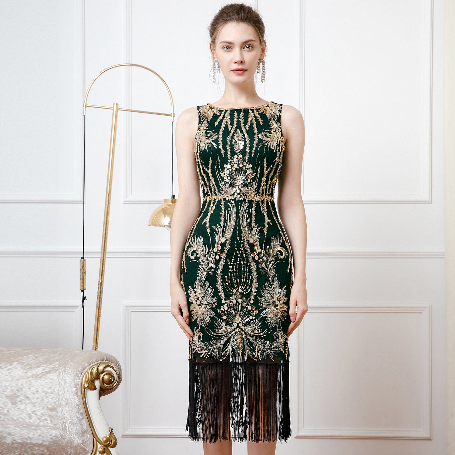 Retro  Bead Embroidered Sequins Deep V Low Back Evening Dress Sleeveless Tassel Party Dress 4