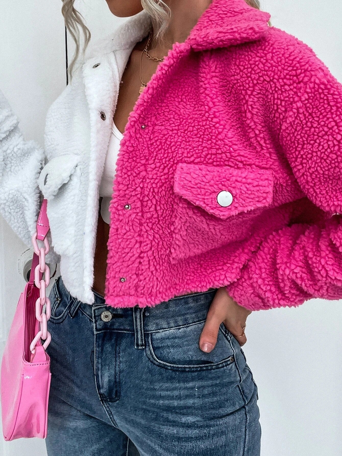 Winter Women's Fashion Contrast Color Patchwork Two-Color Plush Jacket 4