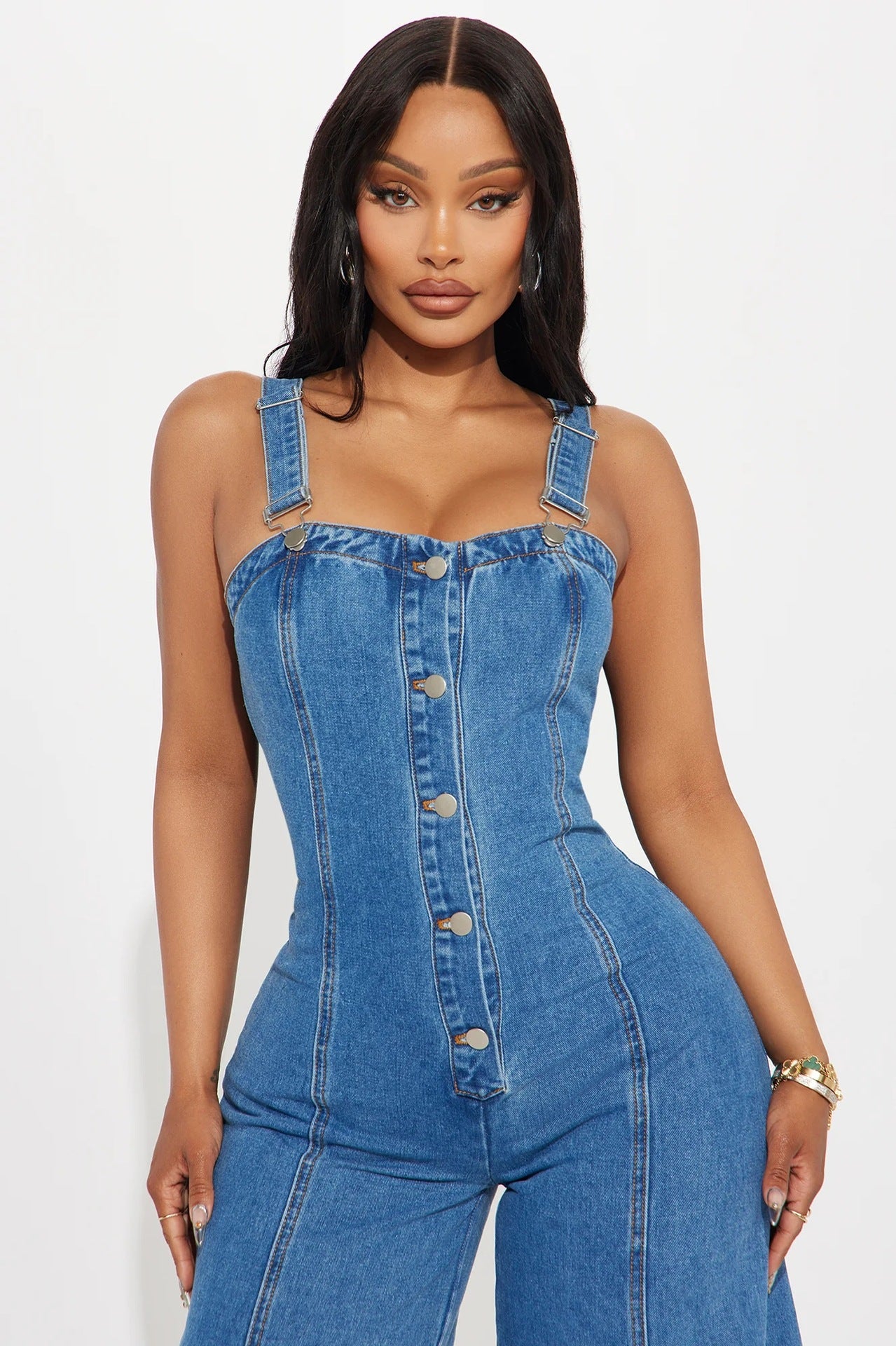 Women Fashion Casual Sexy Strap Wide Leg Denim Jumpsuit 4