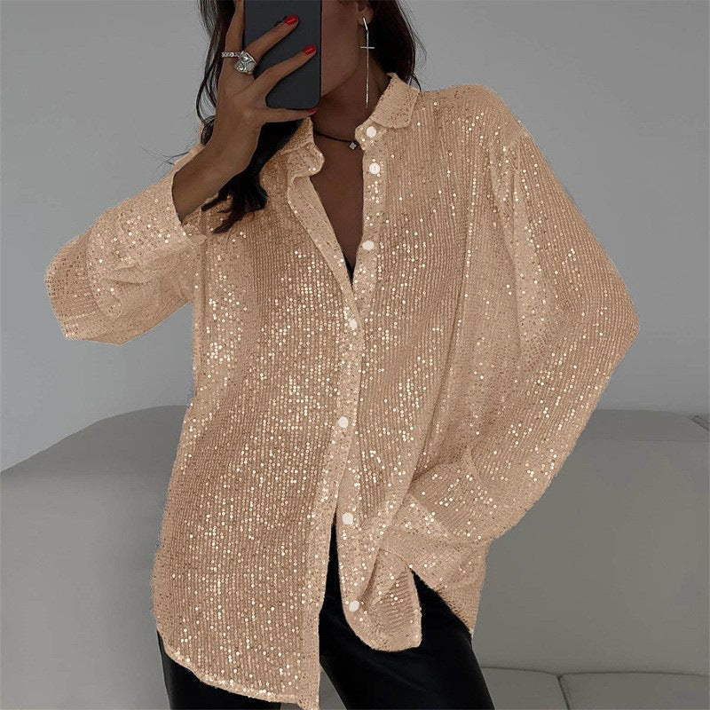 Women spring and summer sequined Top Turndown Collar long-sleeved shirt 12