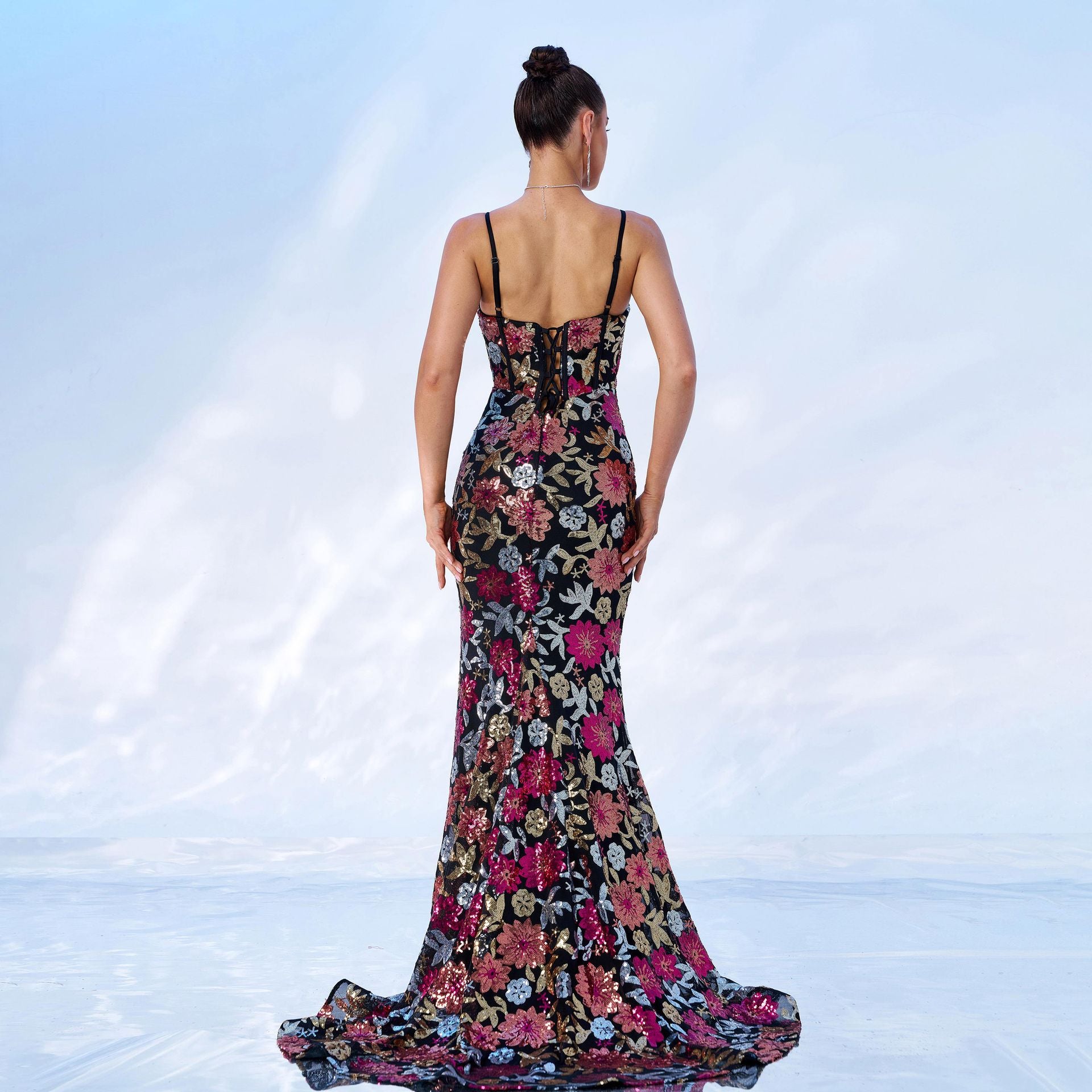 Women suspender v-neck Bodycon sequin Formal Party slit evening dress 3