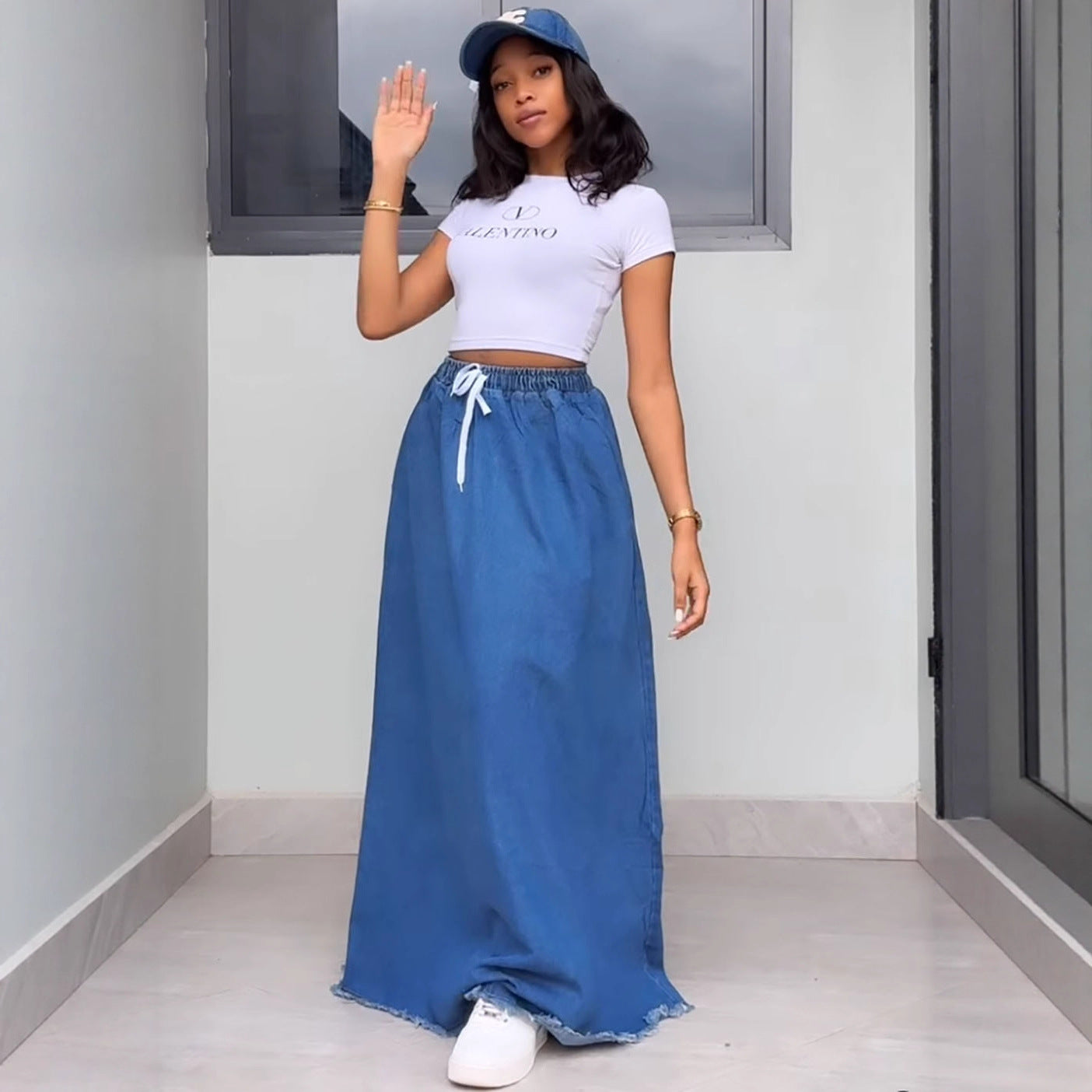 Women's Fashion Washed Solid Color Drawstring High Waist Ruffle Long Denim Skirt 4