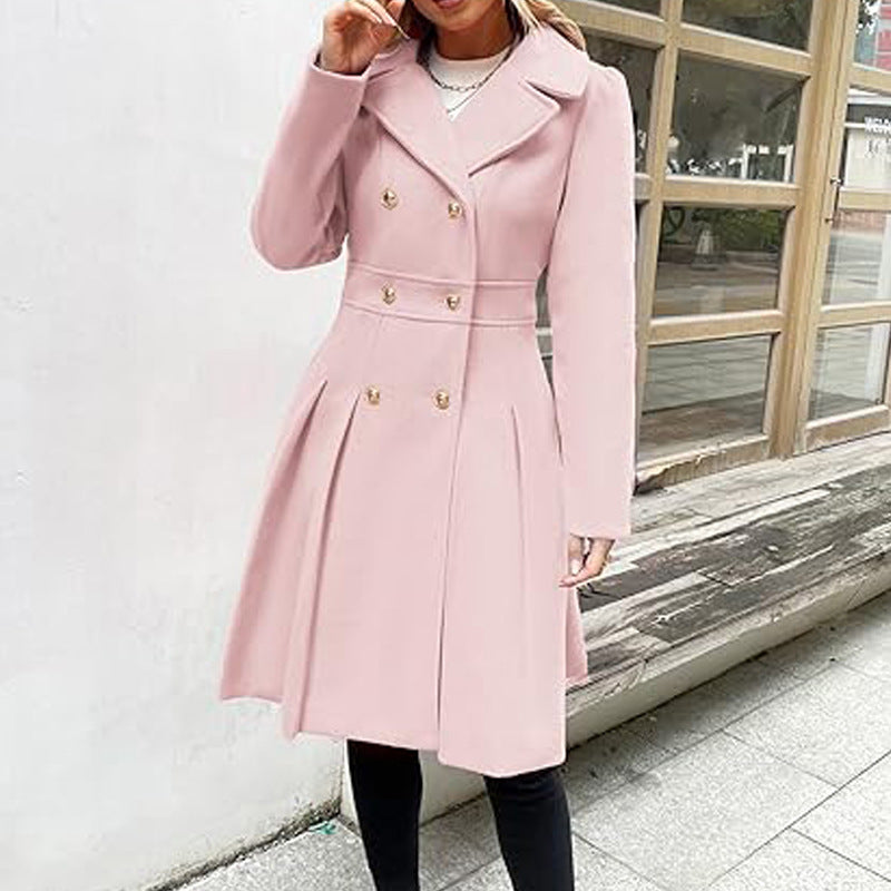 Women Fall and Winter Turndown Collar Double-Breasted Pocket Windbreaker 15