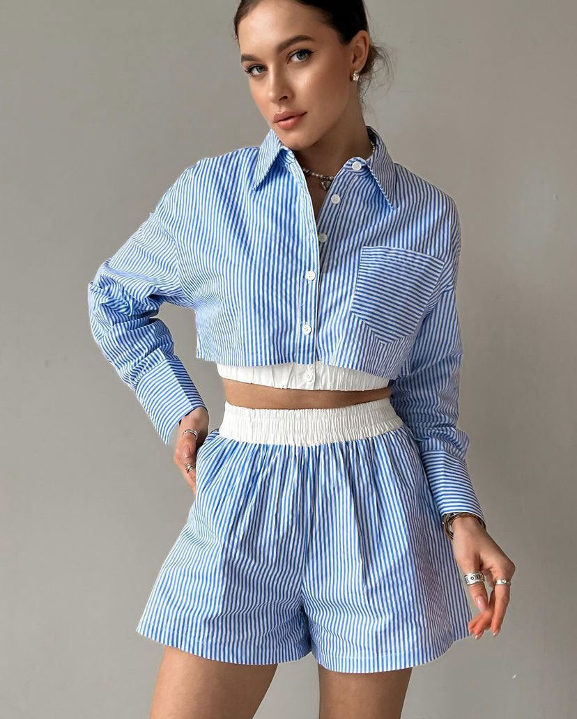 Fashion Casual Women Summer Striped Long Sleeve Shirt Elastic Waist Shorts Two-Piece Set 5
