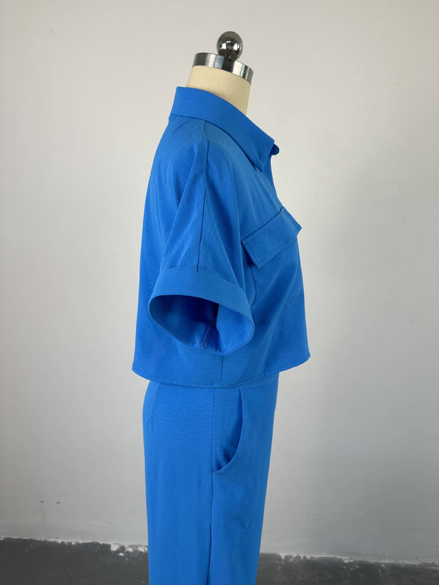 Women Casual Solid Turndown Collar short-sleeved shirt and wide-leg Pant two-piece set 15