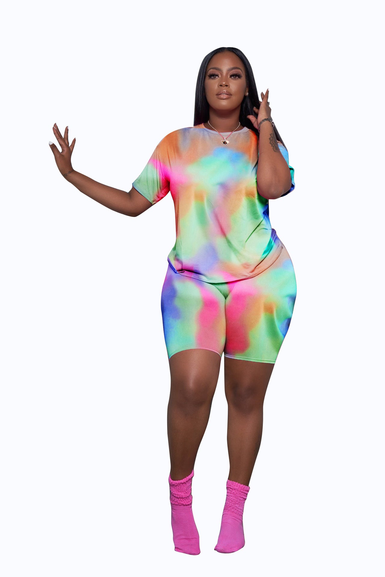 Summer Women's Tie Dye Suit Short Sleeve Shorts Splatter Print Suit 8
