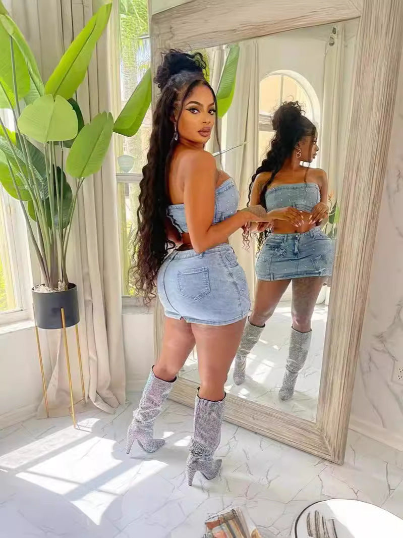 Fashionable Women's Clothing Beaded Strapless Stretch Denim Two Piece Skirt Set 5