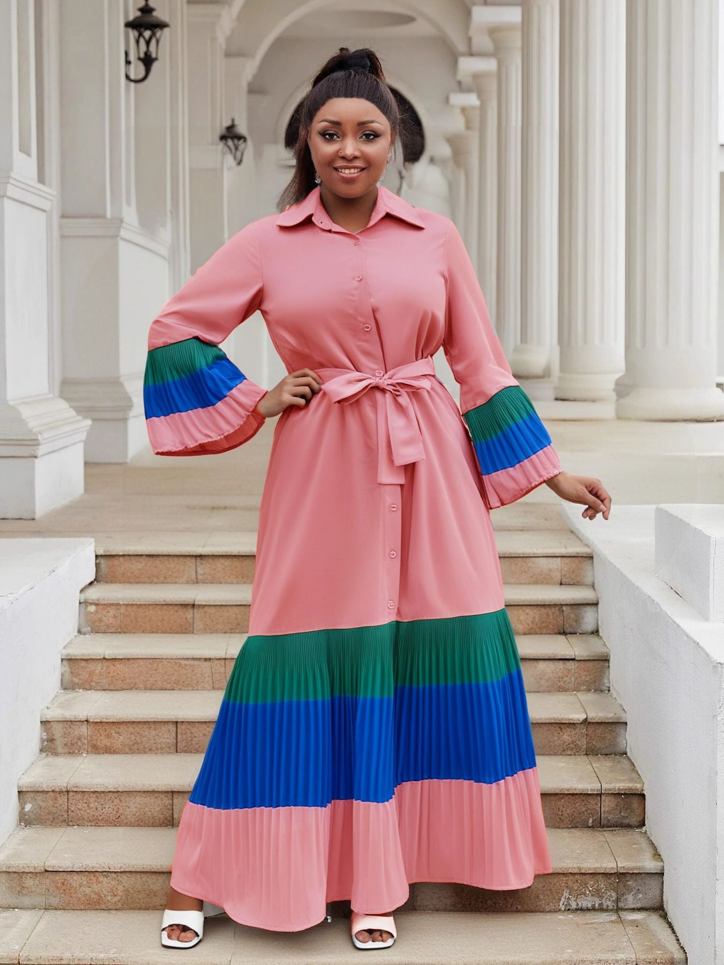 Plus Size Women color matching ruffled Bell Bottom sleeve Turndown Collar pleated chiffon dress 3