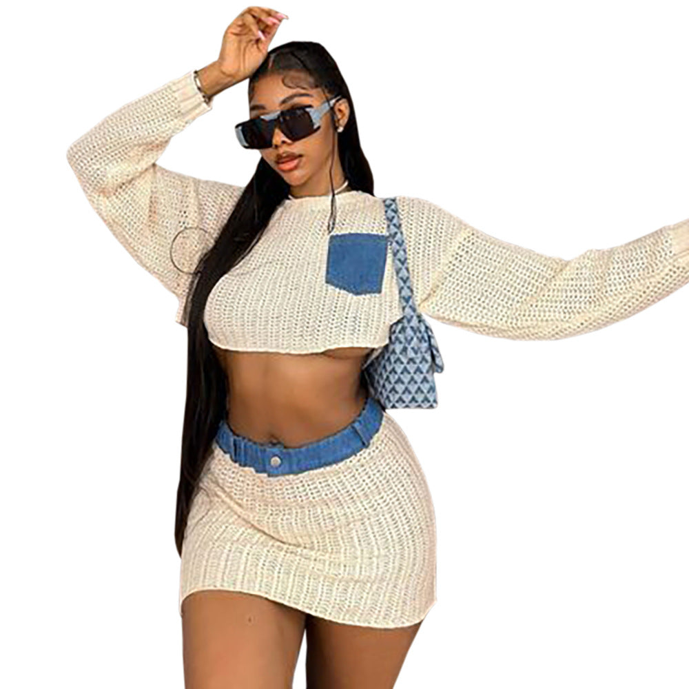 Women Long Sleeve Patchwork Crop Top and Skirt Two-Piece Set 7