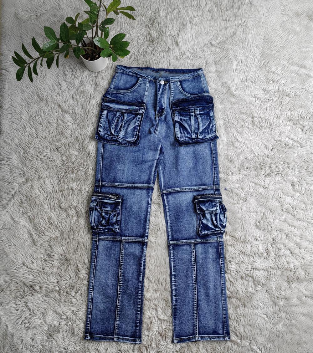 Women's Casual  Multi-Pocket Cargo Pants Mid-Rise Washed Straight Denim Trousers 9