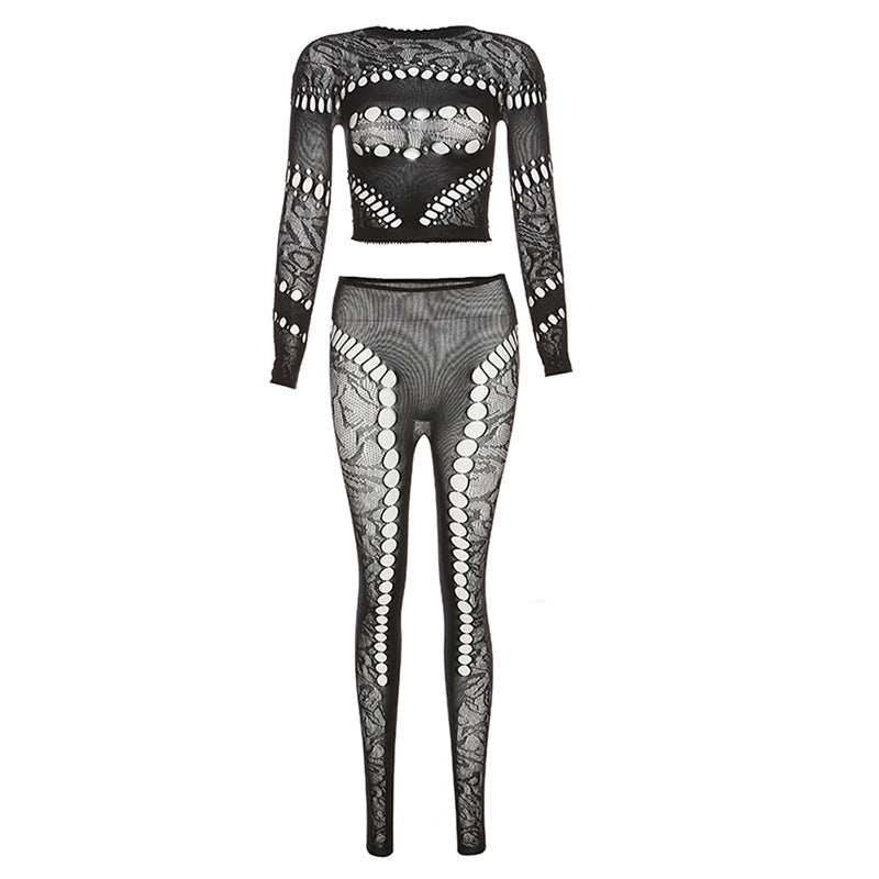 Fall Women's Sexy Round Neck Cutout Tight Fitting Top High Waist See-Through Casual Pant Set 7