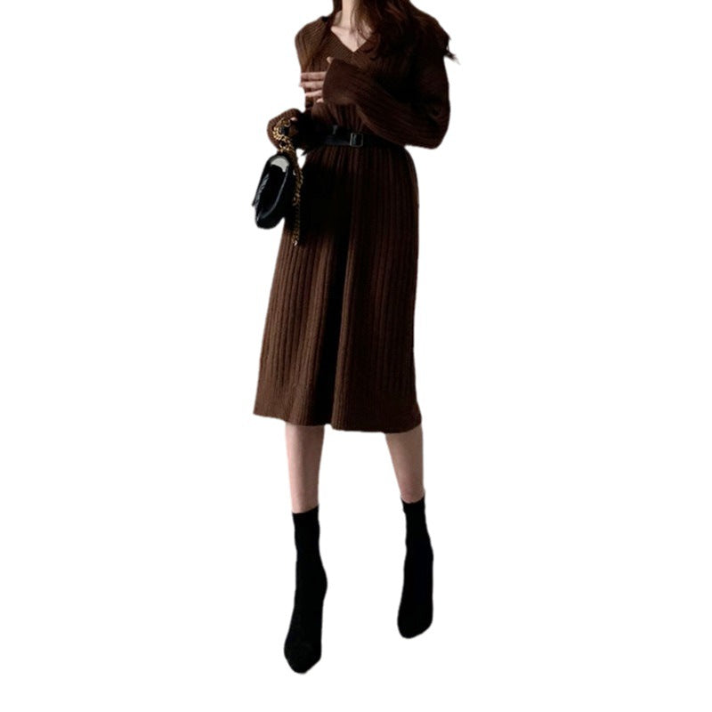 Autumn And Winter Retro Chic Knitting Dress Women's Loose Lazy Style Basic Sweater Long Dress 8