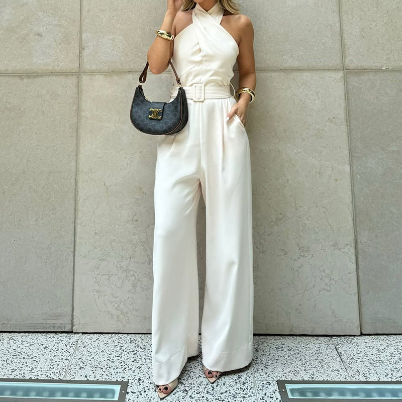 Women's Spring/Summer Fashion Chic Solid Color Halter Neck Slim Waist Jumpsuit 5