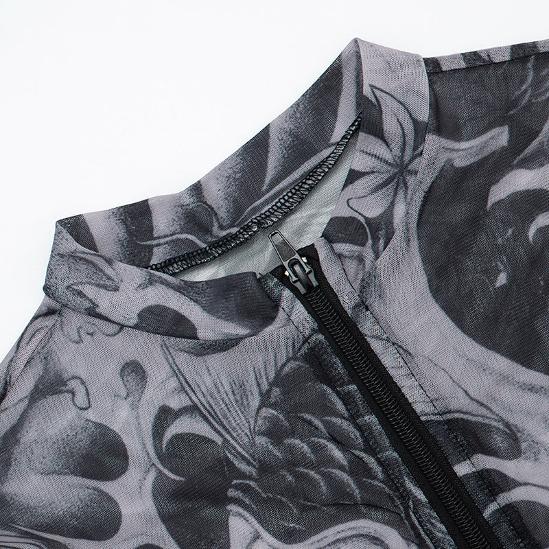 Women's Summer Autumn Zipper Round Neck See-Through Print Long Sleeve Two Piece Shorts Set 22