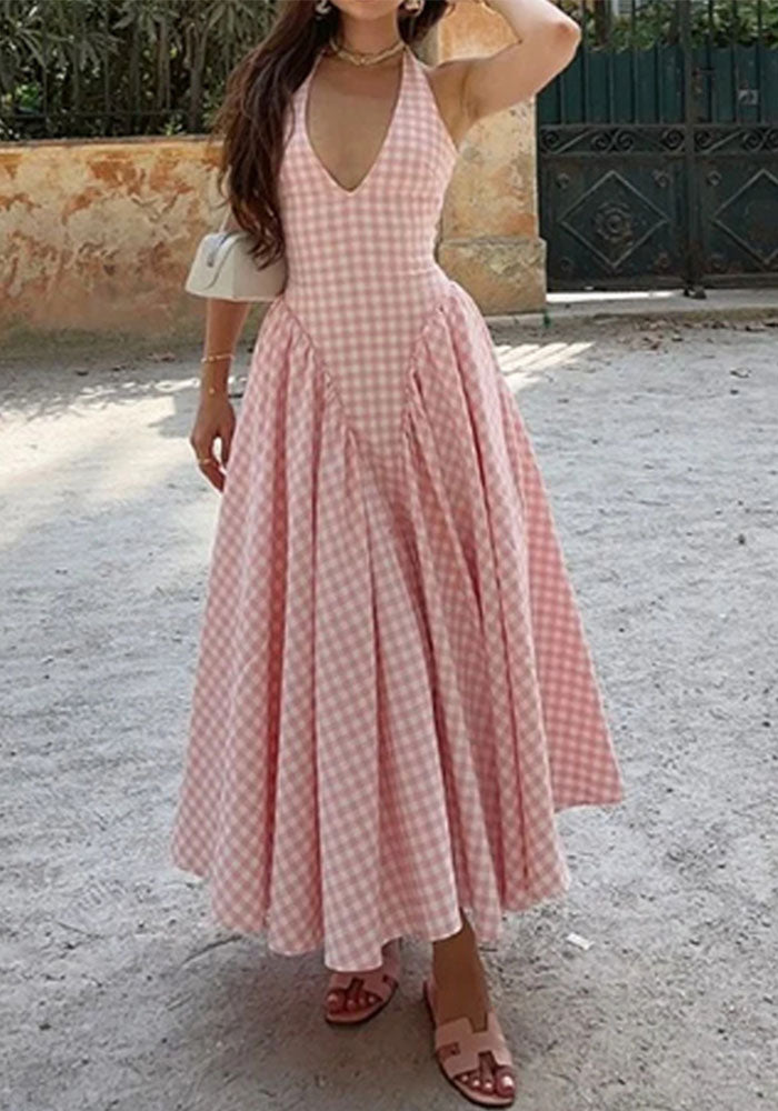 Women Spring Elegant Halter Neck V Neck Pleated French Dress