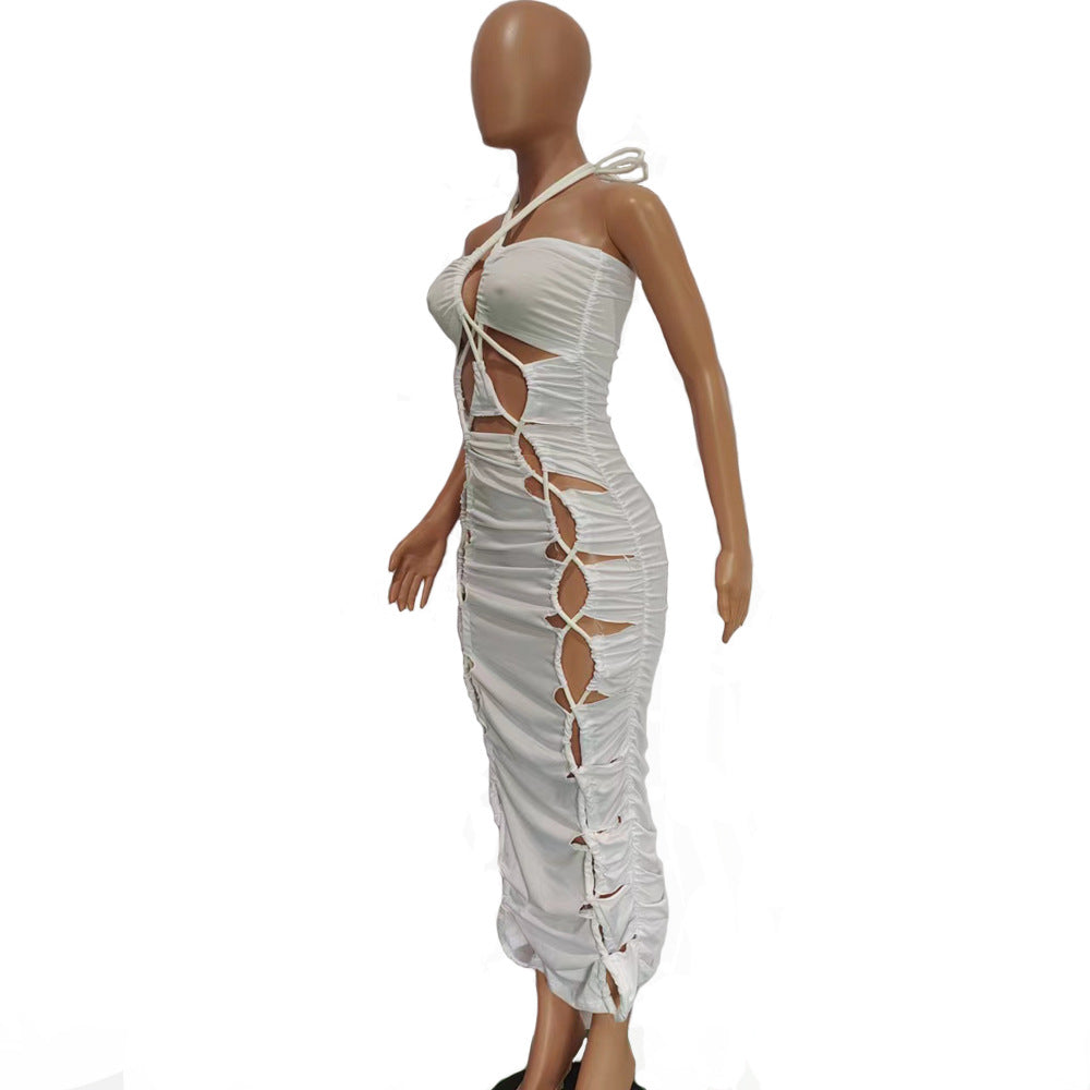 Women's Halter Lace-Up Ruched Long Dress 8