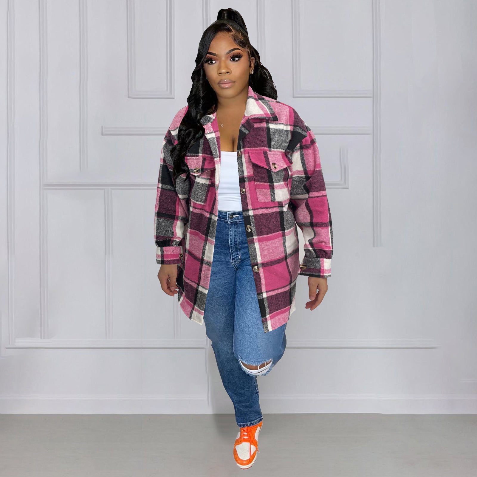 Women Autumn and Winter Loose Plaid Shirt 9