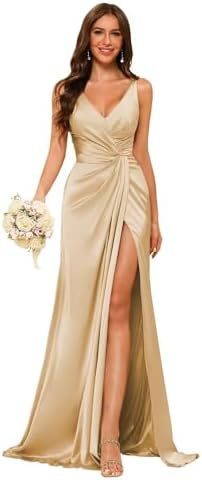 Women's Strap V-Neck Bridesmaid Dress Sleeveless Satin High Slit Prom Dress（Processing time need 3-6 days） 27
