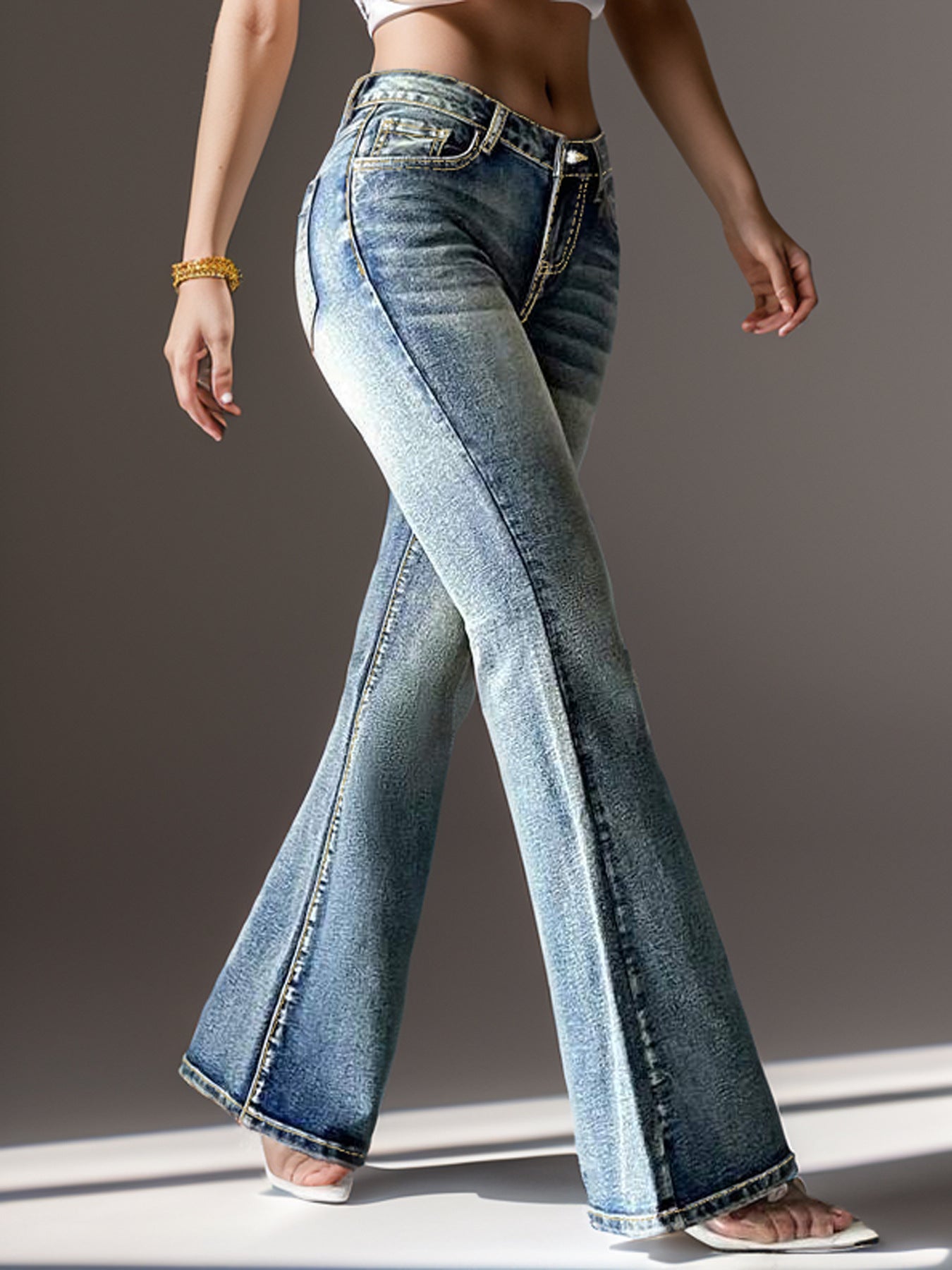 Women Vintage Stretch Pocket Embroidered Bell Bottom Denim Pants 5