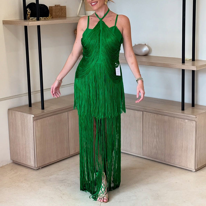 Women Halter Neck Sleeveless Sling Tassel Dress
