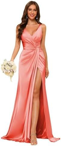Women's Strap V-Neck Bridesmaid Dress Sleeveless Satin High Slit Prom Dress（Processing time need 3-6 days） 21