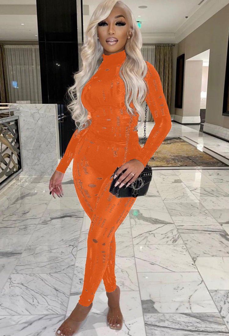 Spring Orange Sexy Hollow Out Tight Top and Pants Two Piece Set 3