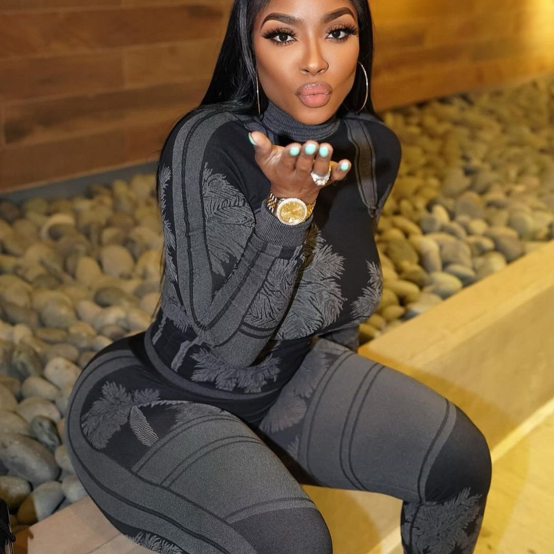 Women's Irregular Printed Tight Fitting Long Sleeve Tops And Pants Casual Two Piece Set 5