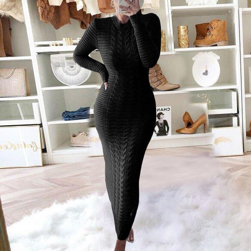 Autumn And Winter Women's Fashionable Long-Sleeved Knitted Sweater Dress