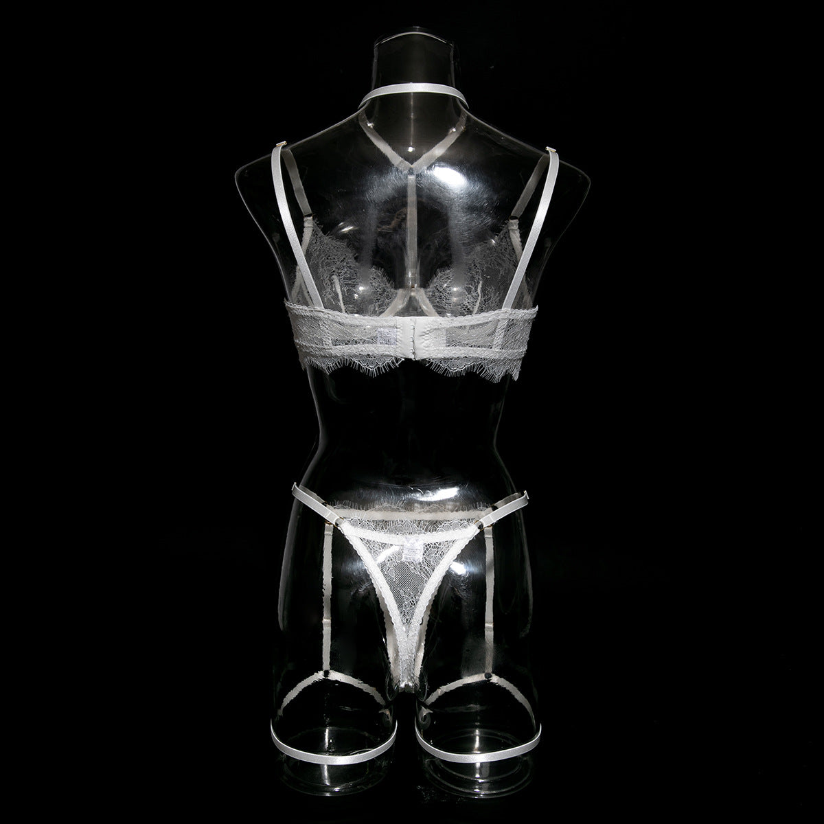 Women hollow lace eyelash halter neck lingerie set with detachable leg loops 30