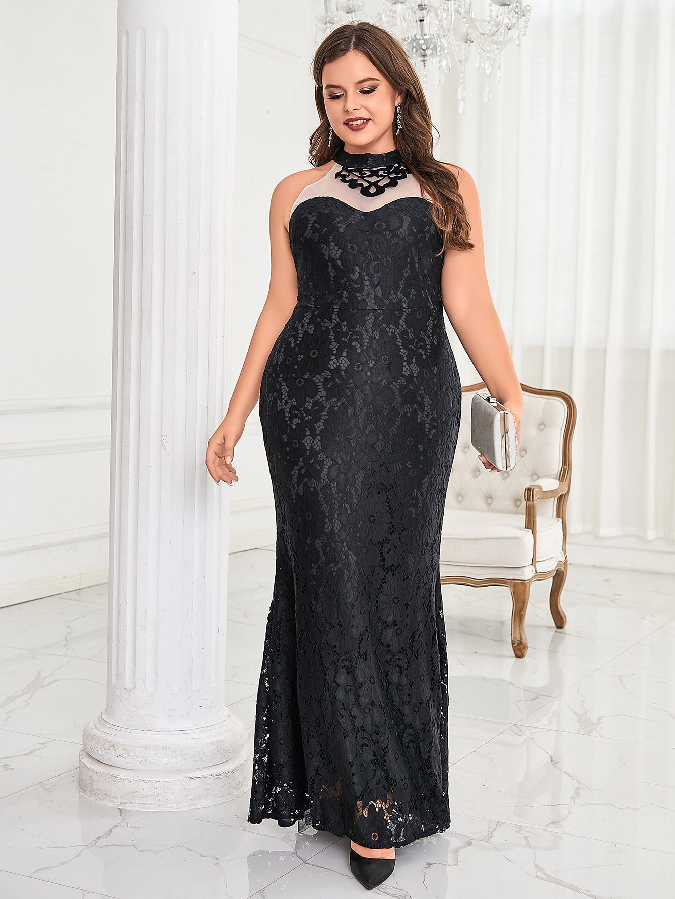 Plus Size Women Round Neck Sleeveless Elegant Formal Party Evening Dress 5