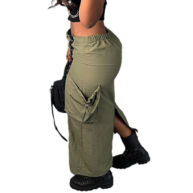 Women Lace-Up Contrast Pocket Patchwork Cargo Skirt 6