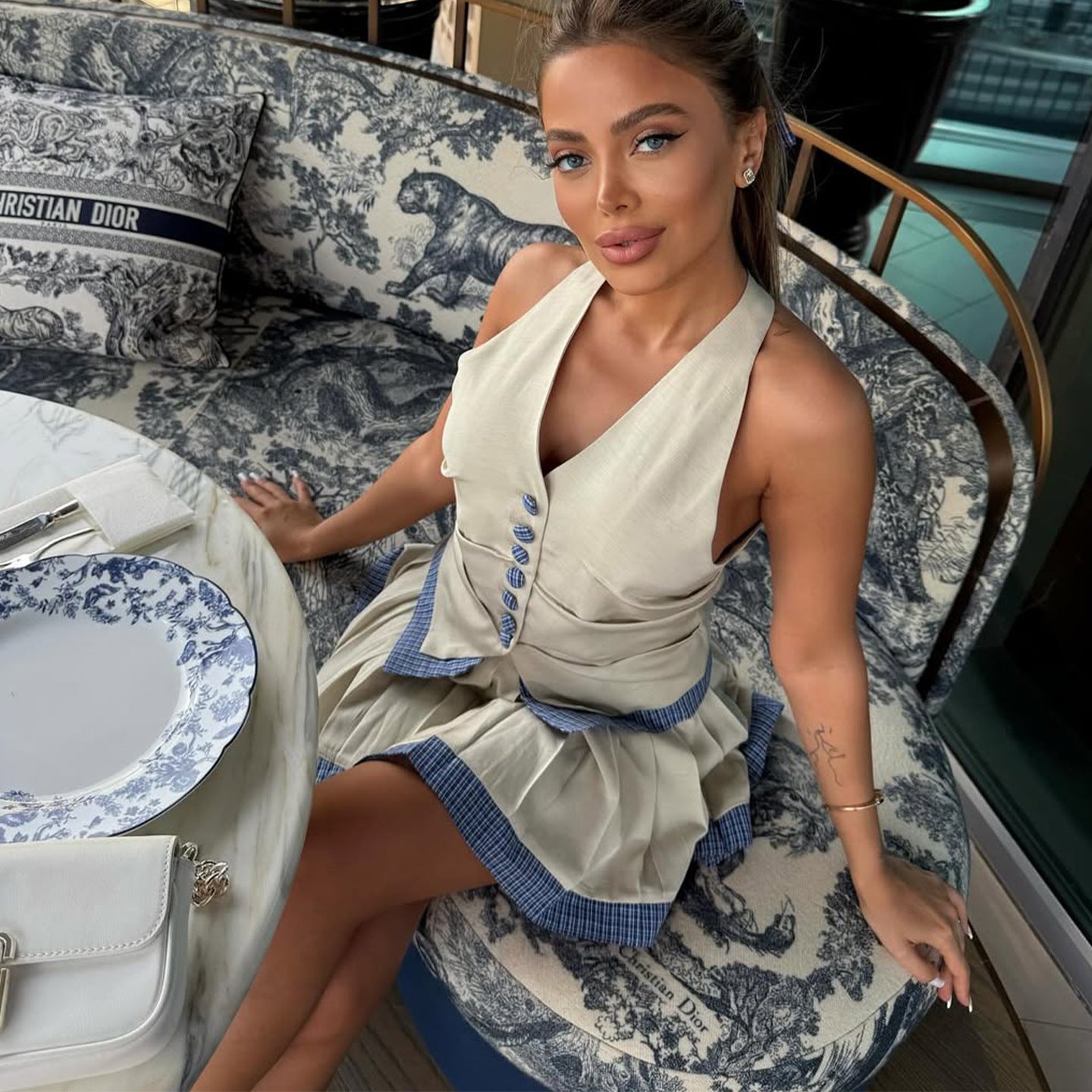 Women Summer Off-White and Blue Plaid Patchwork Halter Neck V-Neck Button Top and Skirt Two-Piece Set