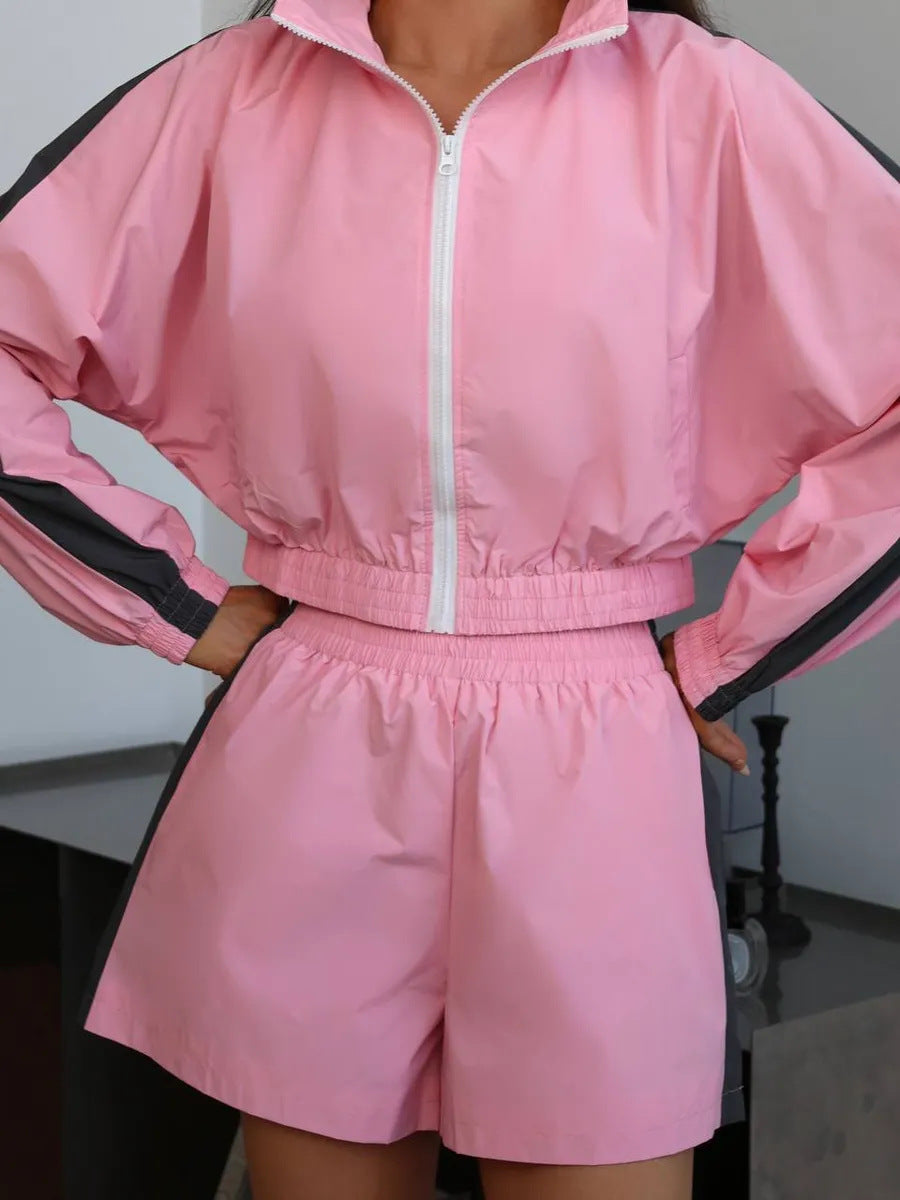 Fashion Women's Long Sleeve Zipper Sports Jacket and Shorts Two Piece Set Casual Sportswear 8